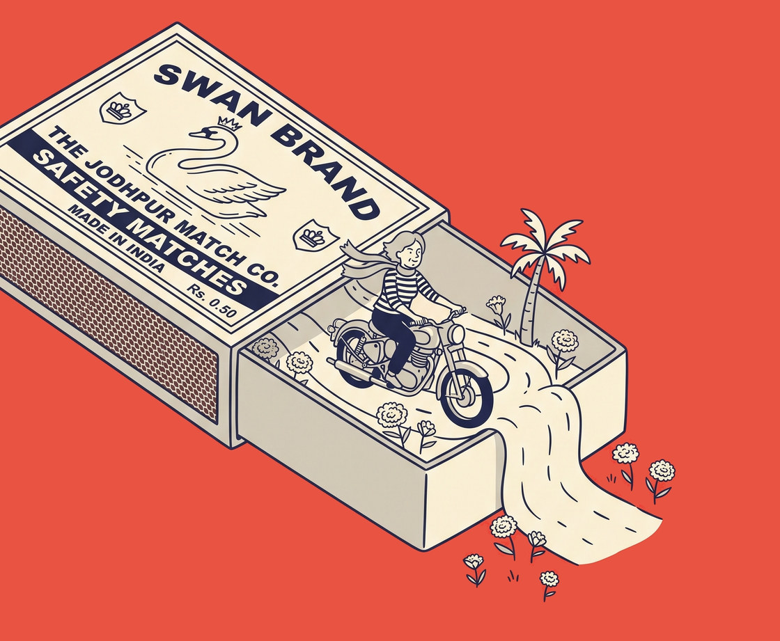 A woman riding a motorcycle out of an open Swan Brand matchbox, the road spilling out onto the ground